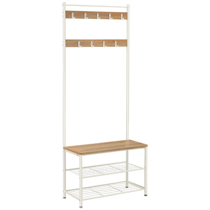VASAGLE coat rack, clothes rack with shoe rack, shoe rack with seat, for the hallway, with hooks, 3 shelves, made of metal, height 175 cm, modern, oak-colored white HSR041W09
