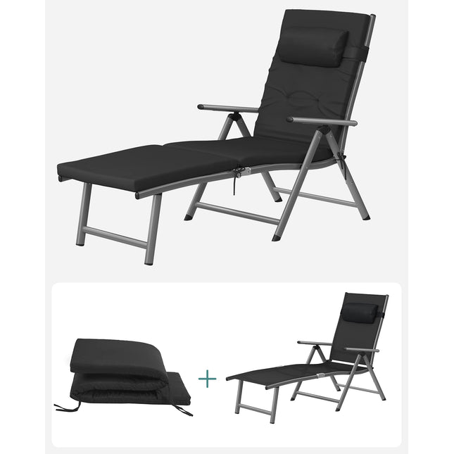 SONGMICS lounger, foldable, deck chair with 6 cm thick mattress, removable cushion, made of stainless aluminum, breathable, comfortable, adjustable, loadable up to 150 kg, black GCB24BK