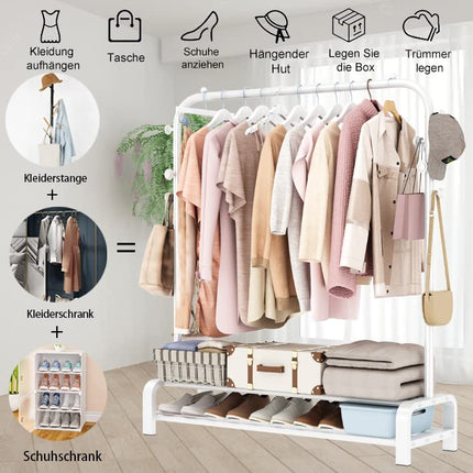 Derins Kleiderständer, Garderobenständer Stabil Kleiderstange mit 6 Haken und 2 Schuhregal Ablage Regal, Schlafzimmer Kleiderständer Freistehender Kleiderbügel, Weiß