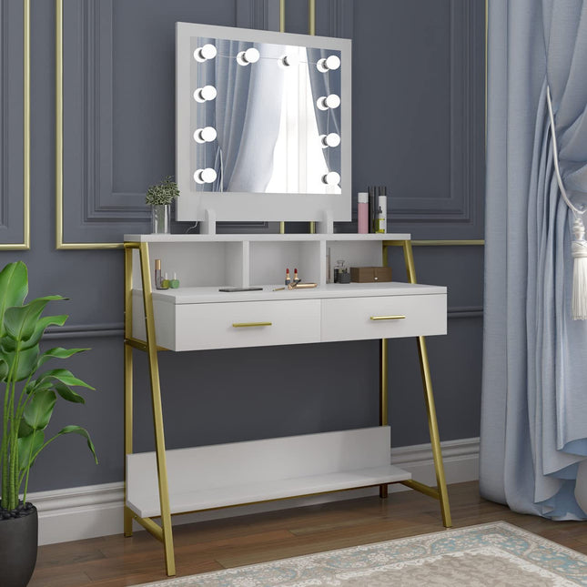 Derins Schminktisch mit Beleuchtung Kosmetiktisch LED Spiegel, 2 Schubladen Ablage Schmuckfach 90x153x40 cm Schreibtisch Weiß MB6076ws