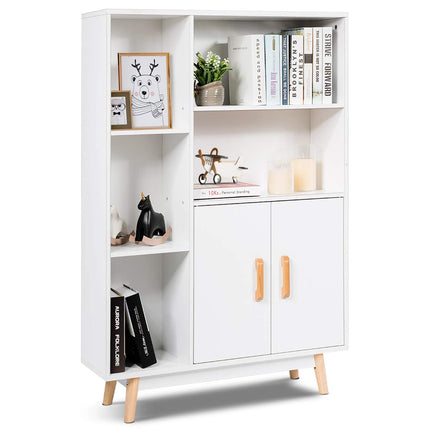 Derins  Bücherschrank weiß, Bücherregal mit Türen und offenes Fächern, Sideboard Kommode Standregal freistehend, Büroregal Aufbewahrungsregal für Kinderzimmer, Zuhause und Büro, 80 x 24 x 119 cm