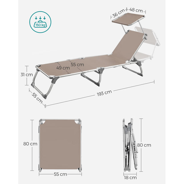 SONGMICS Sun Lounger Sun Lounger Sun Lounger Reclining Backrest Foldable Lightweight 55 x 193 x 31 cm Load Capacity 150 kg for Garden Patio Taupe Color GCB19BR