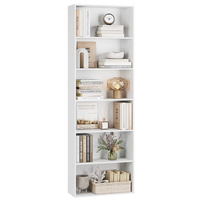 Derins Bücherregal, Holzregal mit 6 Fächern, Regale, Bücherschrank, Aufbewahrungsregal für Wohnzimmer, Arbeitszimmer, aus Holz, 180 x 60 x 23,5 cm, Weiß