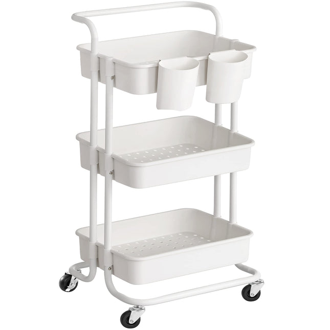 SONGMICS Trolley, 3 levels, serving trolley, kitchen trolley with handle, 2 small hanging compartments, 2 brakes, plastic storage compartments, easy to assemble, bedroom, laundry room, white BSC067W01