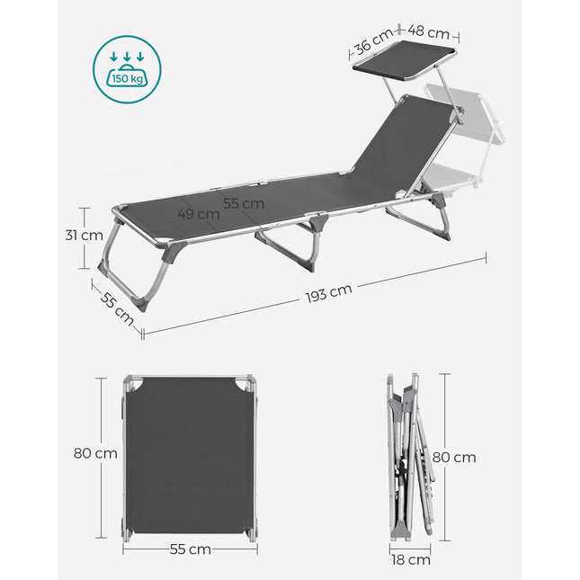 SONGMICS Zonneligstoel, ligstoel, tuinstoel, met zonnedak, rugleuning verstelbaar, inklapbaar, licht, 55 x 193 x 31 cm, tot 150 kg belastbaar, tuin, balkon en terras, antraciet GCB19GYV1