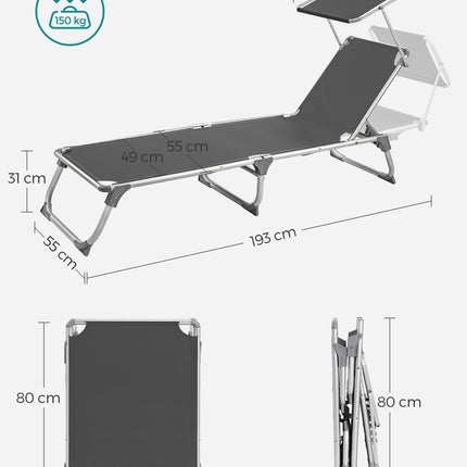 SONGMICS Sun Lounger Sun Lounger Garden Chair with Sun Canopy Adjustable Backrest Foldable Lightweight 55 x 193 x 31 cm Loadable up to 150 kg Garden Balcony and Terrace Anthracite GCB19GYV1