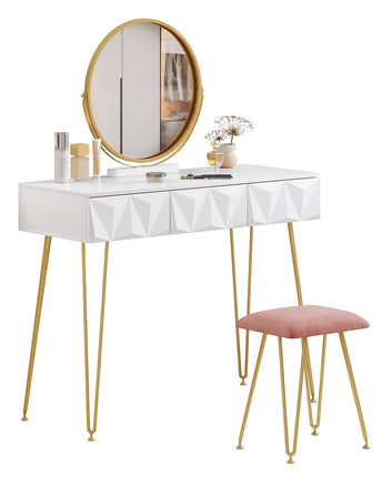Derins Schminktisch mit Hocker und Spiegel, 360° schwenkbar Schminkspiegel, Frisiertisch Kosmetiktisch mit 3 Schubladen, gepolsterte Samthocker, 3D Effekt Schublade, Weiß und golden
