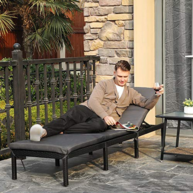 SONGMICS Sunbed Sun Lounger Garden Chair with 5 cm Thick Cushion Polyrattan Adjustable Backrest 59 x 198 x 28 cm Loadable up to 150 kg Garden Balcony Black Beige GCB27GYV1