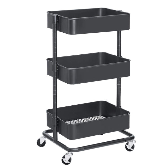 SONGMICS 3 Tier Storage Trolley Shelf with Wheels Adjustable Height with 2 Brakes Easy Assembly for Bathroom Kitchen Office Gray BSC60GS