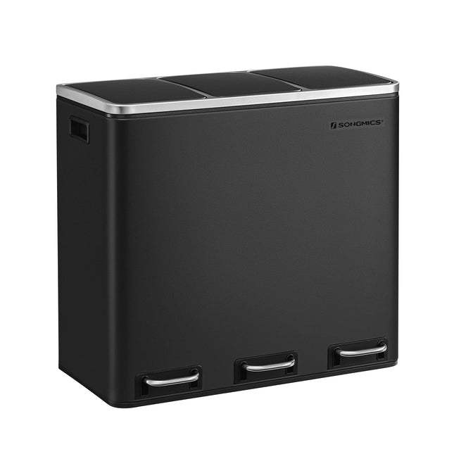 Derins Mülleimer Küche, 3 x 18 Liter, Mülltrennsystem 3 Fächer, Abfalleimer, Treteimer, für gelben Sack, Biomüll, mit Deckel, Softclose, Fußpedale, Inneneimer, Stahl, schwarz LTB54BK
