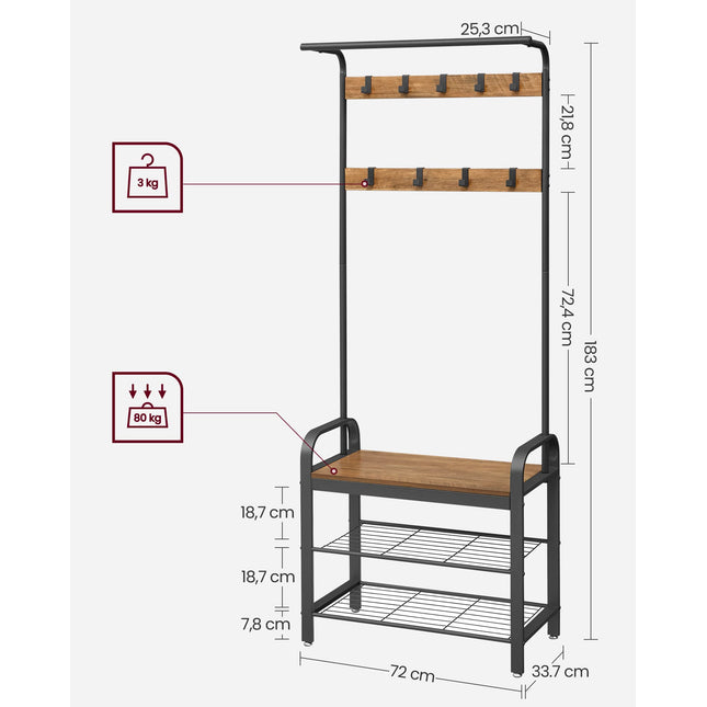 VASAGLE coat rack, clothes rack, wardrobe, shoe rack with seat, with 9 detachable hooks, bench, 2 net bottoms, 183 cm high, walnut brown-black HSR040B41