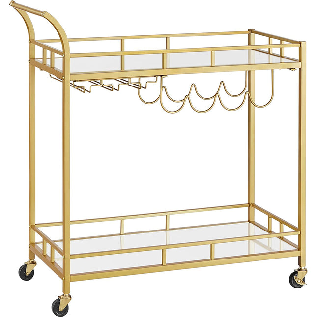 VASAGLE serving trolley, trolley with wheels, glass holder, 2 glass shelves, bar trolley, wine trolley, for kitchen, dining room, bar, gold LRC090A03