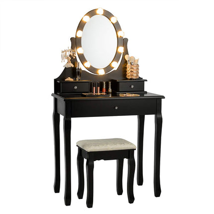 Derins Schminktisch mit Hocker, Frisiertisch mit 360° drehbarem Spiegel & LED Beleuchtung, Frisierkommode mit 3 Schubladen, Kosmetiktisch aus Holz mit Abnehmbarer Oberteil, 75 x 40 x 139cm (Schwarz)