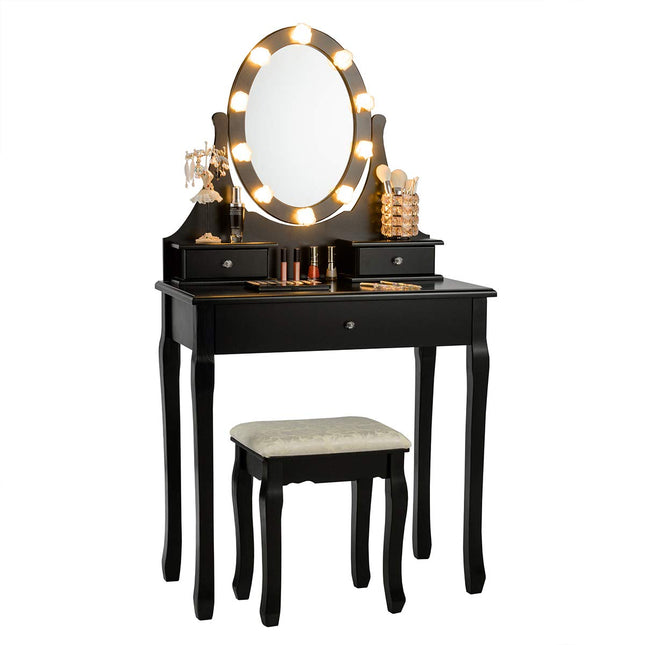 Derins Schminktisch mit Hocker, Frisiertisch mit 360° drehbarem Spiegel & LED Beleuchtung, Frisierkommode mit 3 Schubladen, Kosmetiktisch aus Holz mit Abnehmbarer Oberteil, 75 x 40 x 139cm (Schwarz)