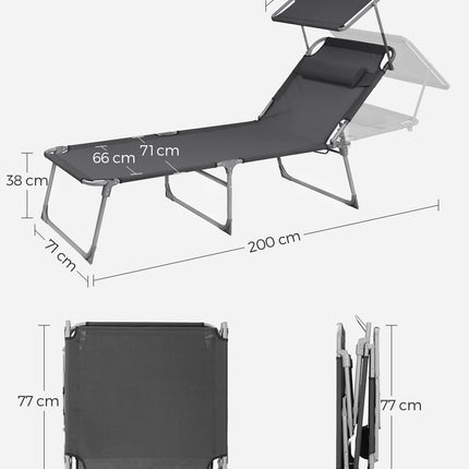 SONGMICS Sonnenliege, Sonnenliege, Gartenstuhl, extra groß, 71 x 200 x 38 cm, belastbar bis 150 kg, mit Kopfstütze und Baldachin, verstellbare Rückenlehne, klappbar, für den Garten, Anthrazit, GCB22GYV2