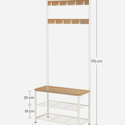 VASAGLE coat rack, clothes rack with shoe rack, shoe rack with seat, for the hallway, with hooks, 3 shelves, made of metal, height 175 cm, modern, oak-colored white HSR041W09