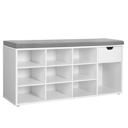 VASAGLE shoe bench, shoe rack with drawer and open compartments, bench, upholstered seat, hallway, bedroom and entrance, 104 x 30 x 48 cm, white LHS24WT