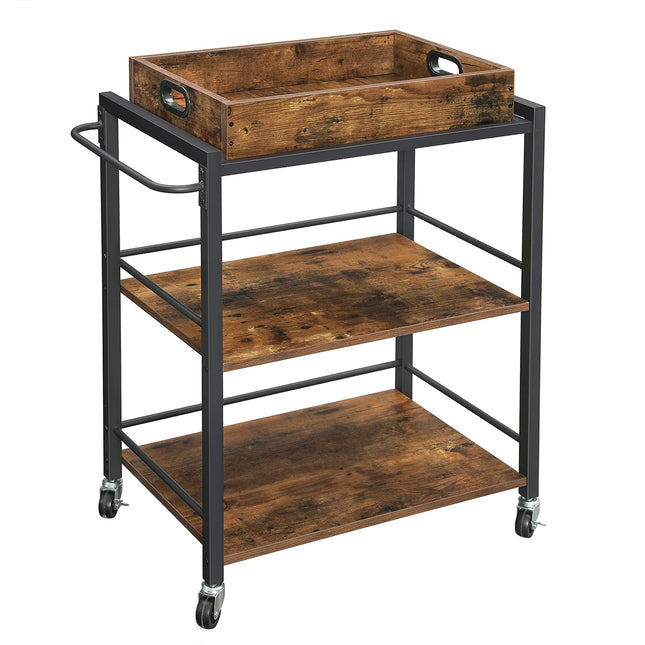 VASAGLE serving trolley with removable tray, lockable kitchen trolley with universal wheels, kitchen shelf, 65 x 40 x 86 cm, sturdy metal frame, industrial design, vintage, dark brown LRC72X