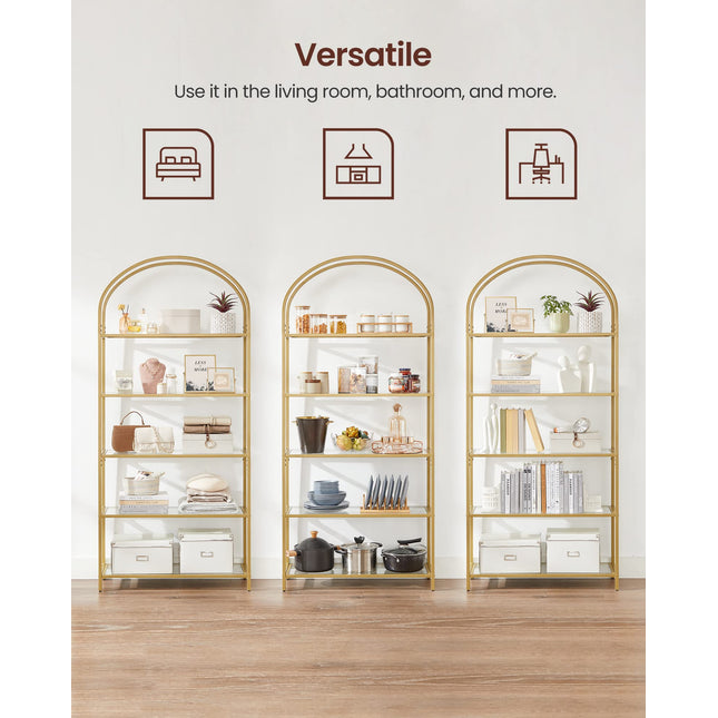 VASAGLE Planchet, boekenkast met 5 niveaus, staand rek van gehard glas, opslagplank, gewelfd, metalen structuur, voor woonkamer, slaapkamer, studeerkamer, badkamer, goudkleur LGT050A01