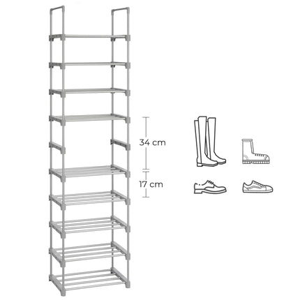 SONGMICS Schuhregale mit 5 Etagen, 2er-Set, Schuhregal aus Metall, stapelbar, platzsparendes Schuhregal, multifunktionales Standregal für Flur, Schlafzimmer, Wohnzimmer, Grau LSA055G02