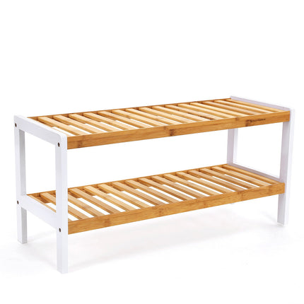 SONGMICS Bambus-Schuhregal, 2 Ebenen, Badezimmerregal, Schuhschrank, Bambus-Schuhregal für 8 Paar Schuhe, Weiß-Naturfarben, 70 x 33 x 25 cm, LBS02H