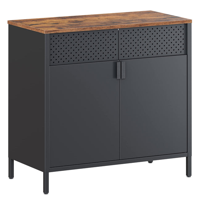 SONGMICS Aufbewahrungsschrank, Doppeltür-Bodenschrank mit Magnetverschluss, verstellbares Regal, Stahlrahmen, Industriestil, platzsparend, rustikales Braun und Schwarz LSC102B01