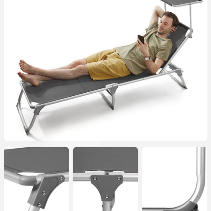 SONGMICS Sun Lounger Sun Lounger Garden Chair with Sun Canopy Adjustable Backrest Foldable Lightweight 55 x 193 x 31 cm Loadable up to 150 kg Garden Balcony and Terrace Anthracite GCB19GYV1