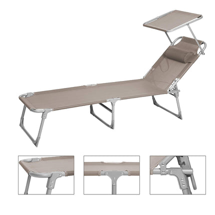 SONGMICS Sun Lounger Sun Lounger Garden Lounger with Headrest and Sun Canopy Adjustable Backrest Lightweight Foldable 53 x 193 x 29.5 cm Loadable up to 150 kg Garden Balcony Taupe GCB192K01