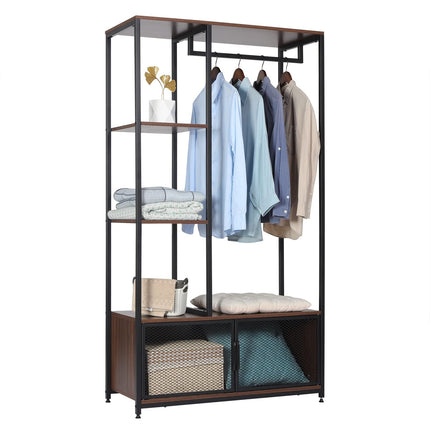 Derins Kleiderständer mit Lagerschrank Kleiderschrank Offener aus Holz und Metall, Garderobenständer für Schlafzimmer, Dunkelbuche SR0131dc