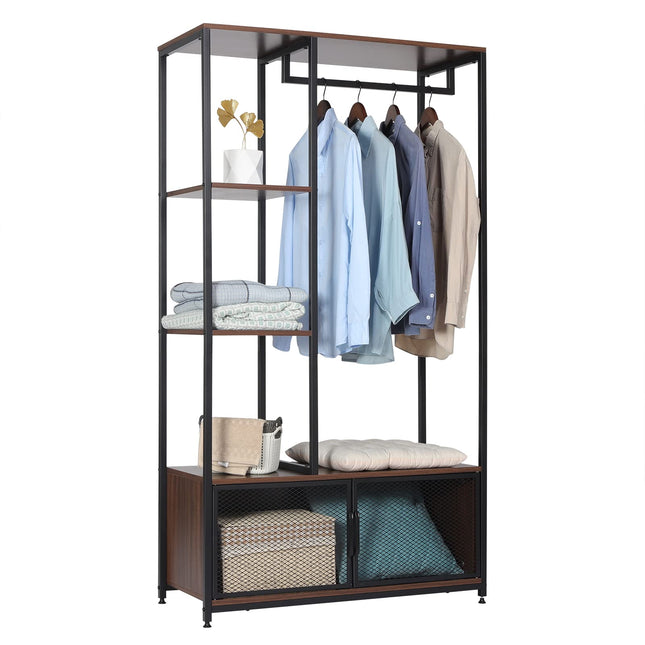 Derins Kleiderständer mit Lagerschrank Kleiderschrank Offener aus Holz und Metall, Garderobenständer für Schlafzimmer, Dunkelbuche SR0131dc