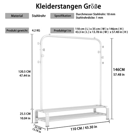 Derins Kleiderständer, Garderobenständer Stabil Kleiderstange mit 6 Haken und 2 Schuhregal Ablage Regal, Schlafzimmer Kleiderständer Freistehender Kleiderbügel, Weiß