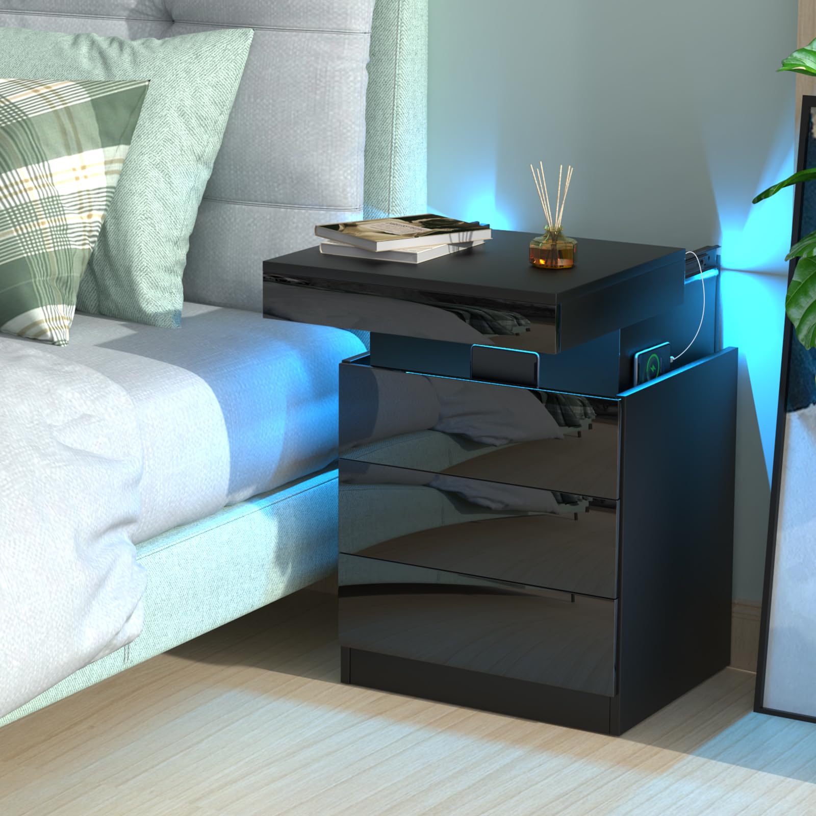 Derins Nachttisch mit Steckdose, Nachtschrank mit Led Licht, Nachtkomm – Alles op Voorraad