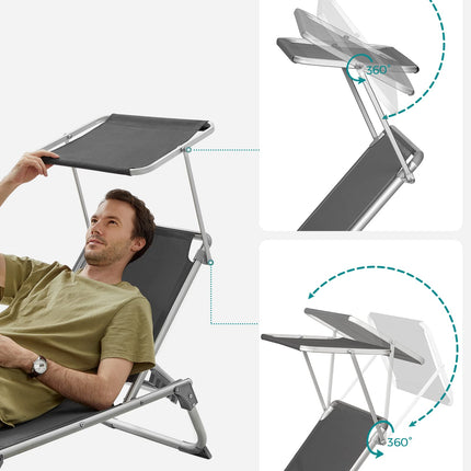 SONGMICS Sun Lounger Sun Lounger Garden Chair with Sun Canopy Adjustable Backrest Foldable Lightweight 55 x 193 x 31 cm Loadable up to 150 kg Garden Balcony and Terrace Anthracite GCB19GYV1