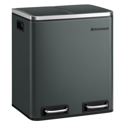 Derins Mülleimer Küche, 2 x 15 Liter, Mülltrennsystem 2 Fächer, Abfalleimer, Treteimer, für gelben Sack, Biomüll, Inneneimer, Softclose-Deckel, für kleine Familie, Stahl, grüngrau LTB30GS