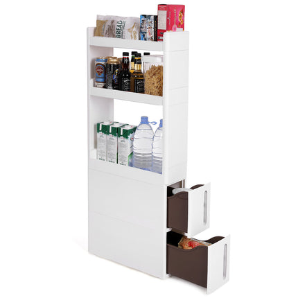 SONGMICS KRF96WT Nischenwagen, schmal, mit 3 Ablagefächern und 2 Schubladen, Nischenschrank mit Rollen, für Küche, Bad und Keller, 17 cm breit, weiß KFR06WT,Groß