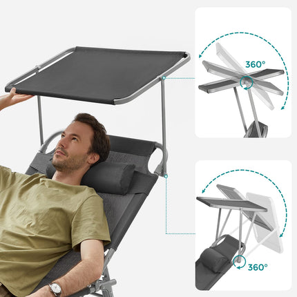 SONGMICS Sonnenliege, Sonnenliege, Gartenstuhl, extra groß, 71 x 200 x 38 cm, belastbar bis 150 kg, mit Kopfstütze und Baldachin, verstellbare Rückenlehne, klappbar, für den Garten, Anthrazit, GCB22GYV2