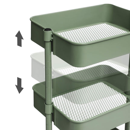 SONGMICS 3-laags opbergwagen, rolwagen, keukenopbergkar met in hoogte verstelbare planken, gereedschapskar met 2 remmen, eenvoudige montage, voor badkamer, keuken, kantoor, olijfgroen BSC060C01