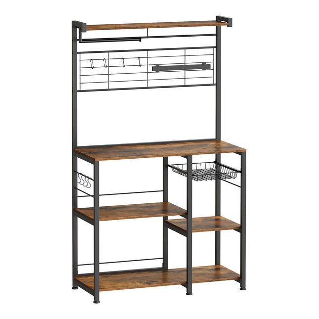 Derins Küchenregal, Standregal, Regal, Arbeitsplatte Küche, Kücheninsel mit Magnetleiste für Messer, Drahtkorb, Küchenrollenhalter, 12 Haken, vintagebraun-schwarz KKS026B01