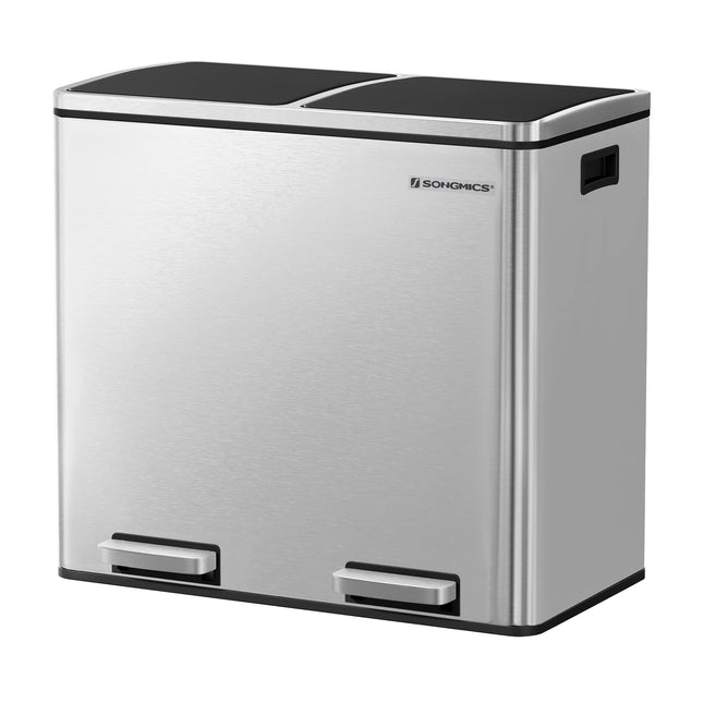 Derins Mülleimer, Abfalleimer, Mülltrennsystem mit 2 Fächern, Treteimer für die Küche, 2 x 24 L, Softclose, Inneneimer aus Kunststoff, mit Fußpedalen und Handgriffen, silbern LTB48NL