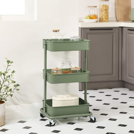 SONGMICS 3-laags opbergwagen, rolwagen, keukenopbergkar met in hoogte verstelbare planken, gereedschapskar met 2 remmen, eenvoudige montage, voor badkamer, keuken, kantoor, olijfgroen BSC060C01