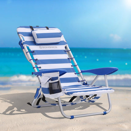 SONGMICS beach chair with pillow, aluminum, portable folding chair, camping chair, foldable and adjustable, such as A backpack portable, outdoor chair, blue and white stripe GCB62BU