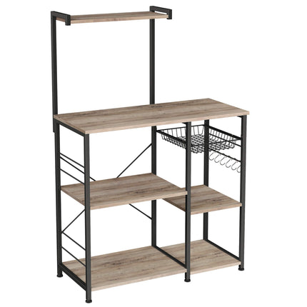 VASAGLE Keukenplank, staande plank met metalen mand, bakkerijplank met 6 S-haken en planken, magnetronplank, kruidenrek, voor potten en pannen, industrieel ontwerp, greige-zwart KKS035B02