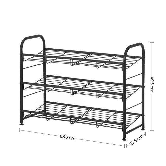 SONGMICS Schuhregal mit 3 Ebenen, stapelbarer Schuh-Organizer, für bis zu 12 Paar, Stahl, 68,5 x 27,5 x 49,5 cm, für High Heels, Sneakers, Hausschuhe, Flur, Schwarz LMR066B01