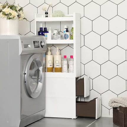 SONGMICS KRF96WT Nischenwagen, schmal, mit 3 Ablagefächern und 2 Schubladen, Nischenschrank mit Rollen, für Küche, Bad und Keller, 17 cm breit, weiß KFR06WT,Groß