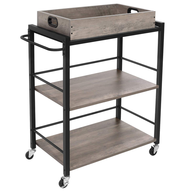 VASAGLE Service trolley with removable tray, lockable kitchen trolley with universal wheels, kitchen shelf, 65 x 40 x 86 cm, sturdy metal frame, industrial design, gray-black LRC072B02