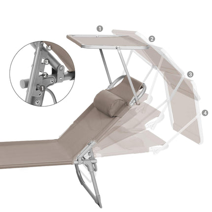 SONGMICS Sun Lounger Sun Lounger Garden Lounger with Headrest and Sun Canopy Adjustable Backrest Lightweight Foldable 53 x 193 x 29.5 cm Loadable up to 150 kg Garden Balcony Taupe GCB192K01