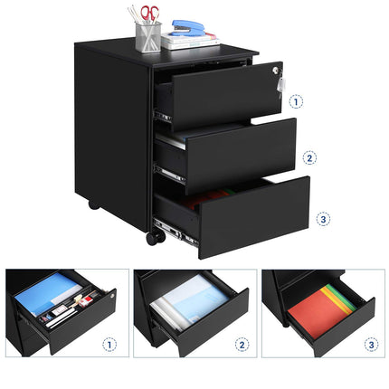 SONGMICS mobiler Aktenschrank, abschließbar, mit 3 Schubladen, Aufbewahrung von Akten, Bürobedarf, vormontiert, Büro, Homeoffice, 39 x 45 x 55 cm (L x B x H), mattschwarz OFC63BK