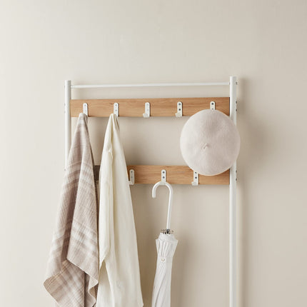VASAGLE coat rack, clothes rack with shoe rack, shoe rack with seat, for the hallway, with hooks, 3 shelves, made of metal, height 175 cm, modern, oak-colored white HSR041W09