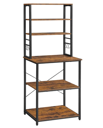 Derins Küchenregal, Standregal für Küche, Mikrowellen-Regal, stehend, 6 Regalebenen und 6 Haken, für Mikrowelle, Stahlrahmen, Industrie-Design, 40 x 60 x 167 cm, vintagebraun-schwarz KKS024B01