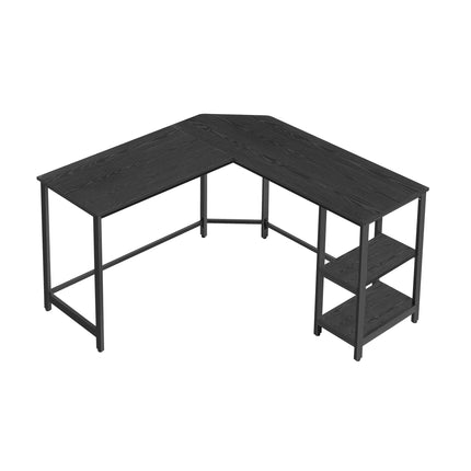 Derins Schreibtisch, L-förmiger Computertisch, 138 x 138 x 76 cm, Eckschreibtisch mit 2 Ablagen, platzsparender Bürotisch, Gaming, Homeoffice, einfacher Aufbau, schwarz mit Holzmaserung LWD072B56